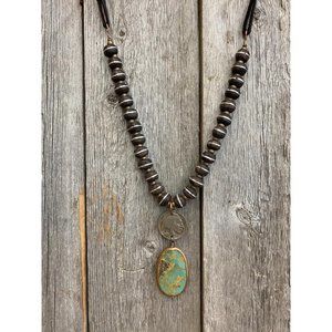 J.Forks WOOD/SLV W/BUFFALO NICKEL AND TURQ SLAB Necklace NEW